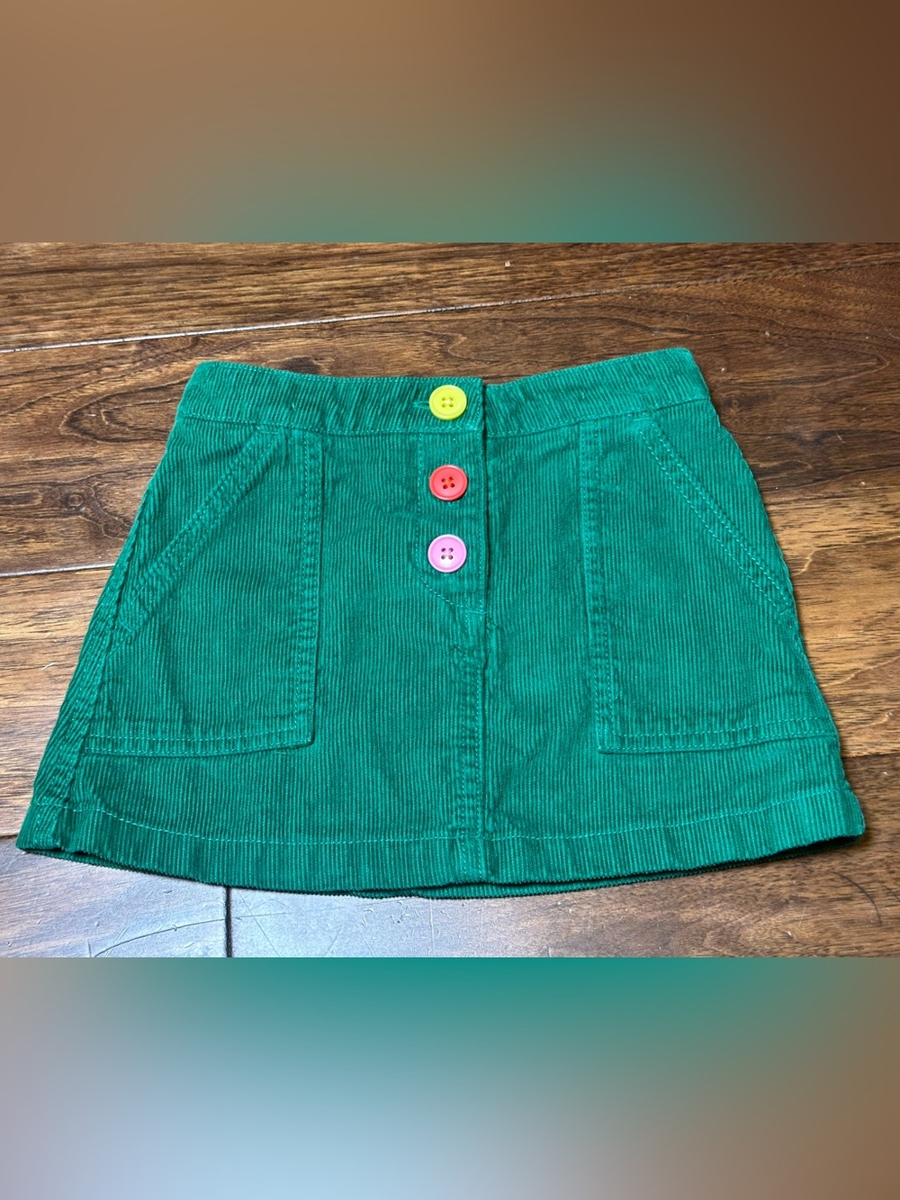 Mini Boden Girls Green Corduroy A-Line Button Front Skirt 3-4Y Pockets